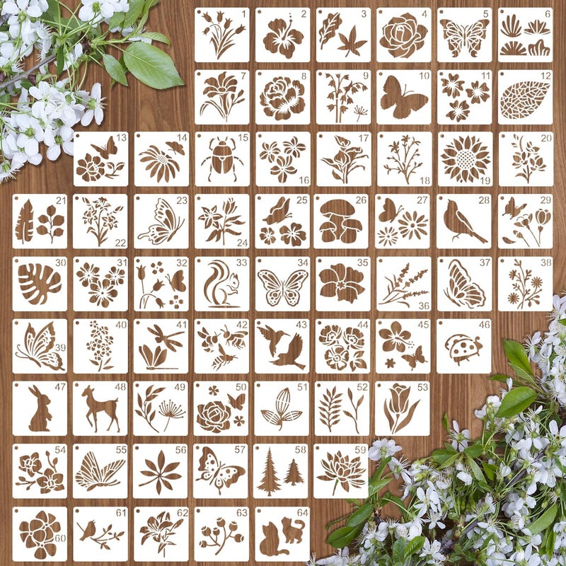Resflyar 64 PCS 5 Inch Flower Stencils, Plant Butterfly Reusable Plastic Paint Templates for Painting on Wood, Botanical Birds Animal Forest Theme Stencils Set for Wall Rock Canvas Drawing Art Fabric Tile Home - Image 1